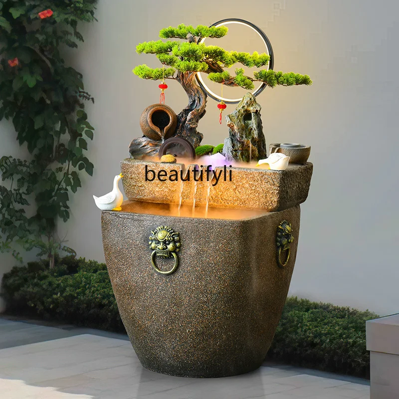 

New Chinese Style Courtyard Pine Tree Flowing Water Imitation Ceramic Pot Ornament Fish Tank Water Feature Floor Decoration