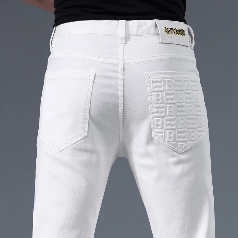 White jeans for men2024new slim fit ankle-tied trendy three-dimensional printing affordable luxury fashion casual black pants