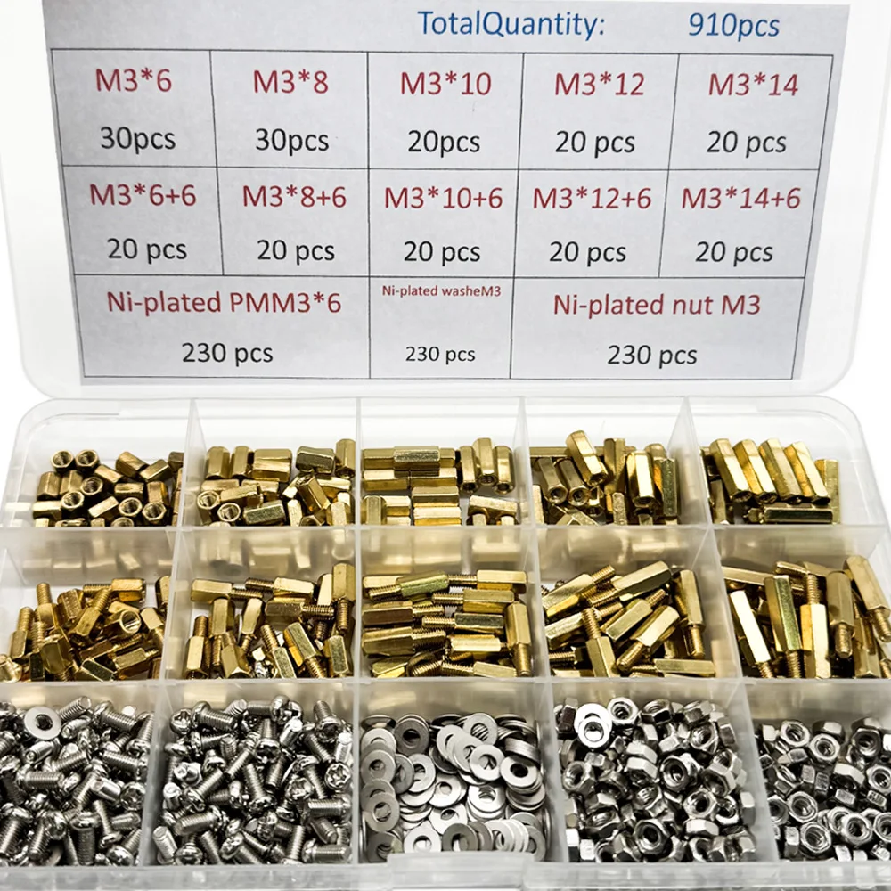 1 مجموعة 910 قطعة النحاس المواجهة فاصل عدة 230 قطعة PMM3 + 230 قطعة NutM3 + WasheM3 عرافة رئيس النحاس تباعد مسامير الخيوط M3 عمود PCB #5