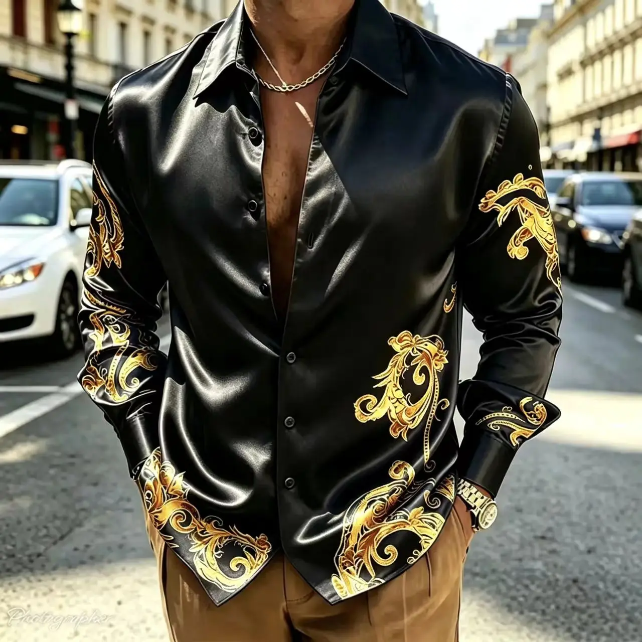 Men's Luxury Baroque Gold Print Long Sleeve Satin Shirt Casual Button Down Dress Shirts for Party Business Prom Streetwear