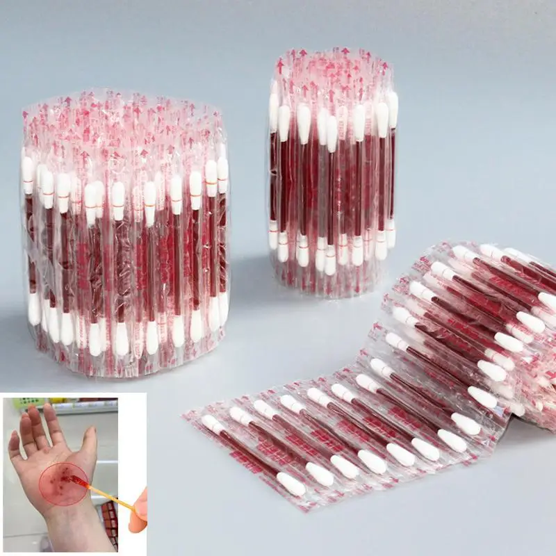 50PCS Multifunction Disinfected Stick Make Up Wood Iodine Disposable Medical Double Cotton Swab Portable Bar