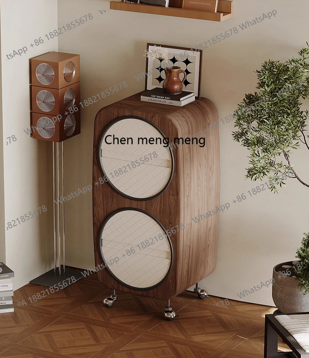 

Medieval style movable solid wood chest of drawers ultra-narrow saddle leather bedroom living room storage cabinet bedside table