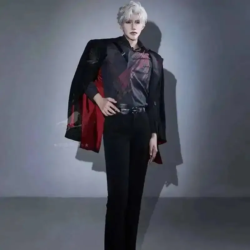 

lili 123Game Love and Deepspace Sylus Relentless Conqueror Cosplay Costume Men Wig Crimson Veil Uniform Suit Onychinus Halloween