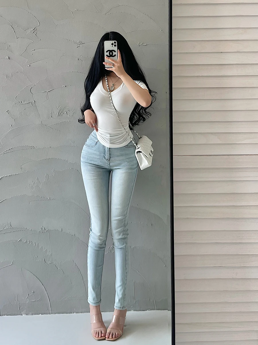

High Waist Elastic Waistband Stretchy Pencil Jeans Women's Slim Fit High Elasticity Butt Lifting Korean Style Daily Wear