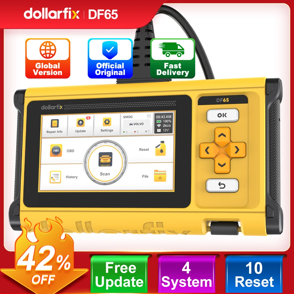 

DollarFix DF65 Auto OBD2 Car Diagnostics Tool ECM TCM SRS ABS System 10 Reset Erase Error Code Lifetime Free Automotive Scanner