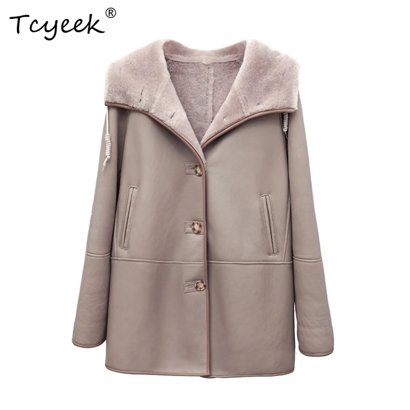 

Tcyeek Genuine Wool Autumn Winter High End Trendy Hooded Medium Length Women's Lamb Wool Shearling Fur Coat Fourrures Femme