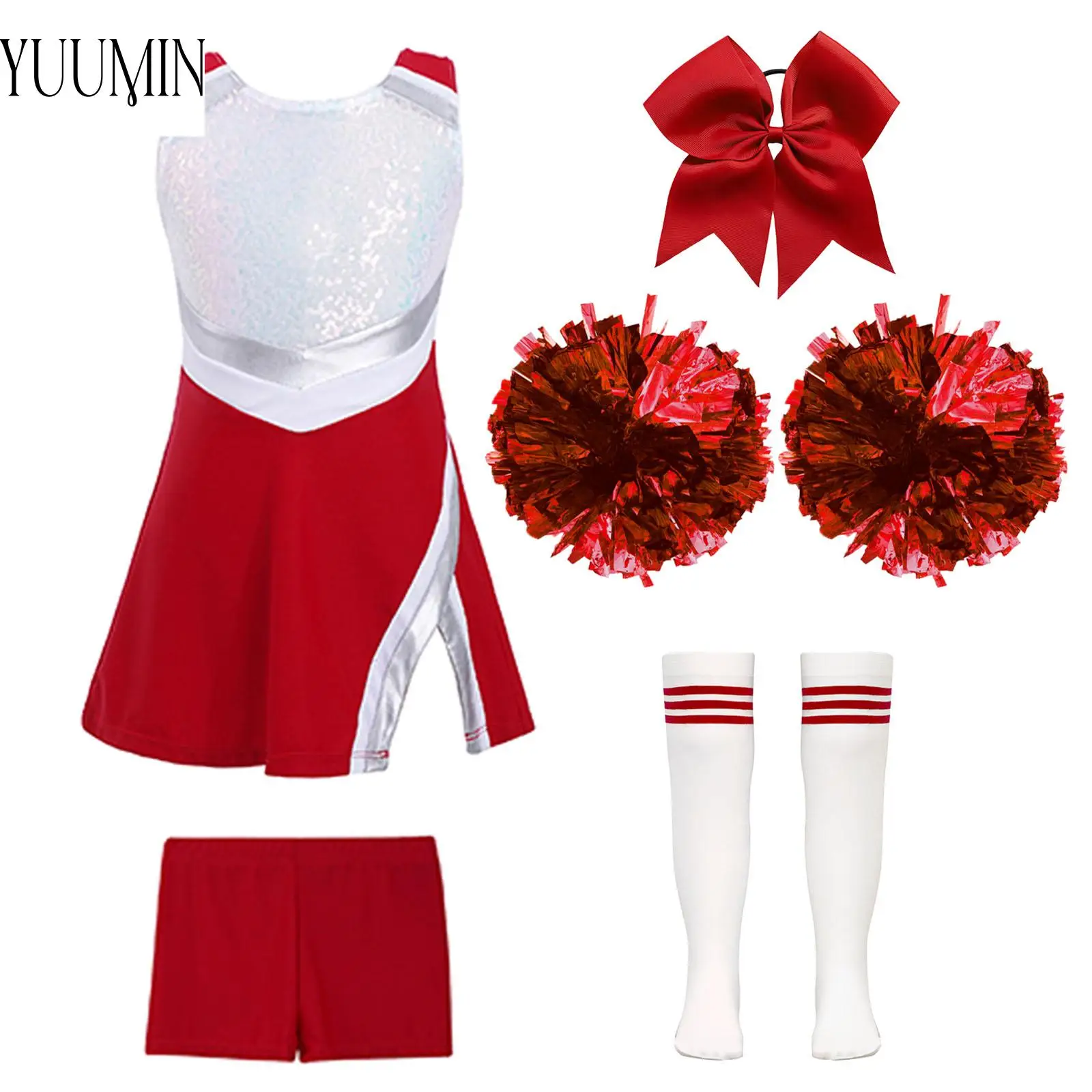 Girl Cheerleading Dance Outfit Sleeveless Shiny Patchwork Cheerlead Uniform Dress with Short Bowknot Headwear Hand Flowers Socks