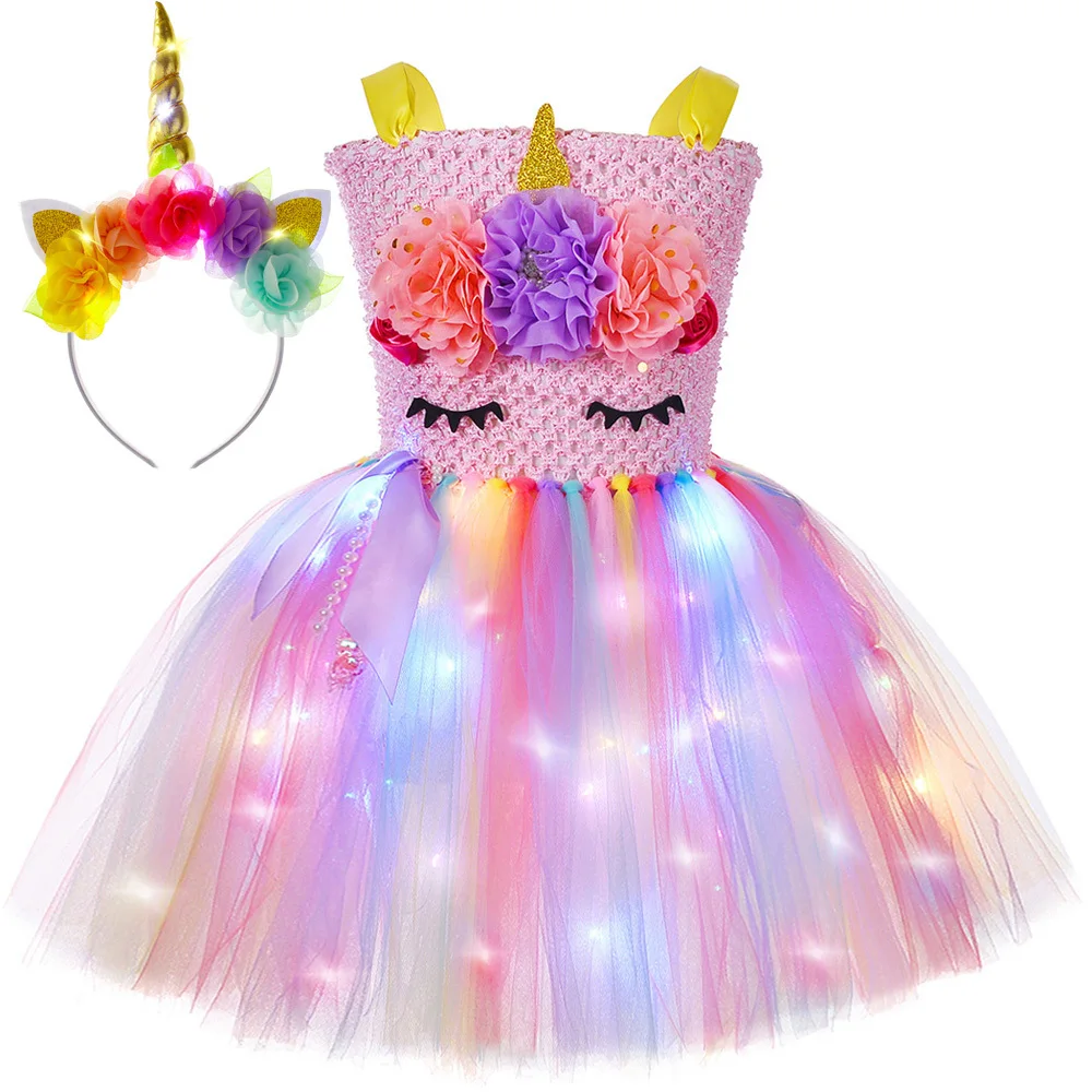 

Led Light Flower Unicorn Costume for Girls Rainbow Horse Tutu Dress with Horns Bow Kids Christmas Halloween Outfit Birthday Gift