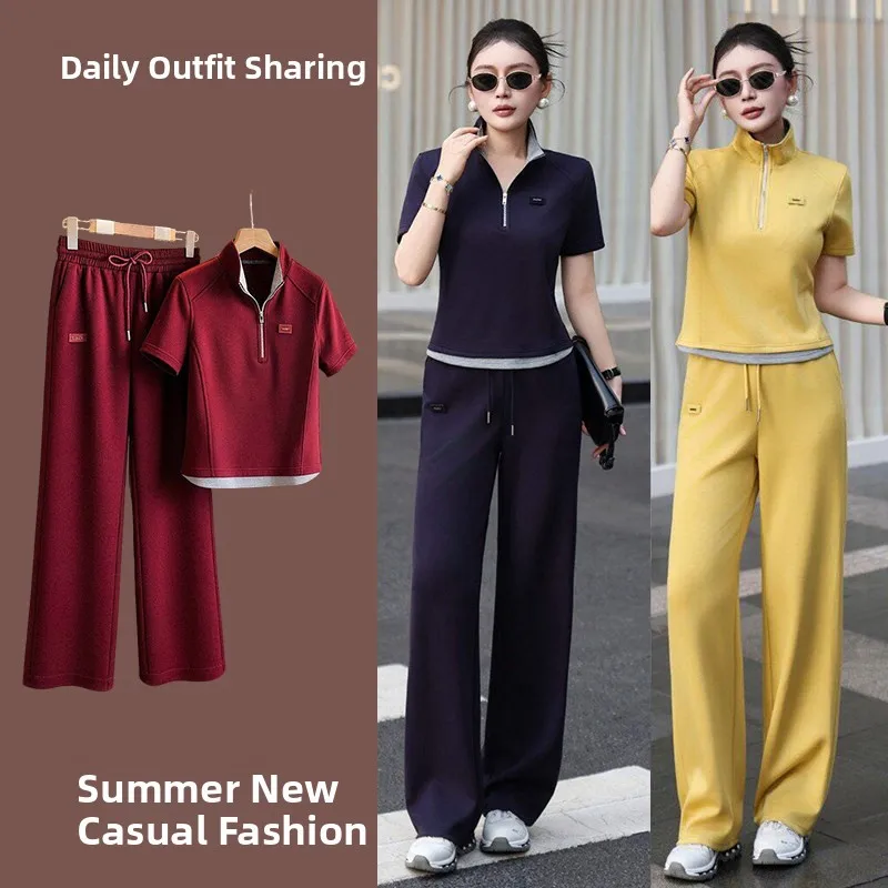 

Comfortable Sporty Women's Short Sleeve T-Shirt And Straight Leg Pants Two-Piece Set in Royal Blue for Summer Commuting