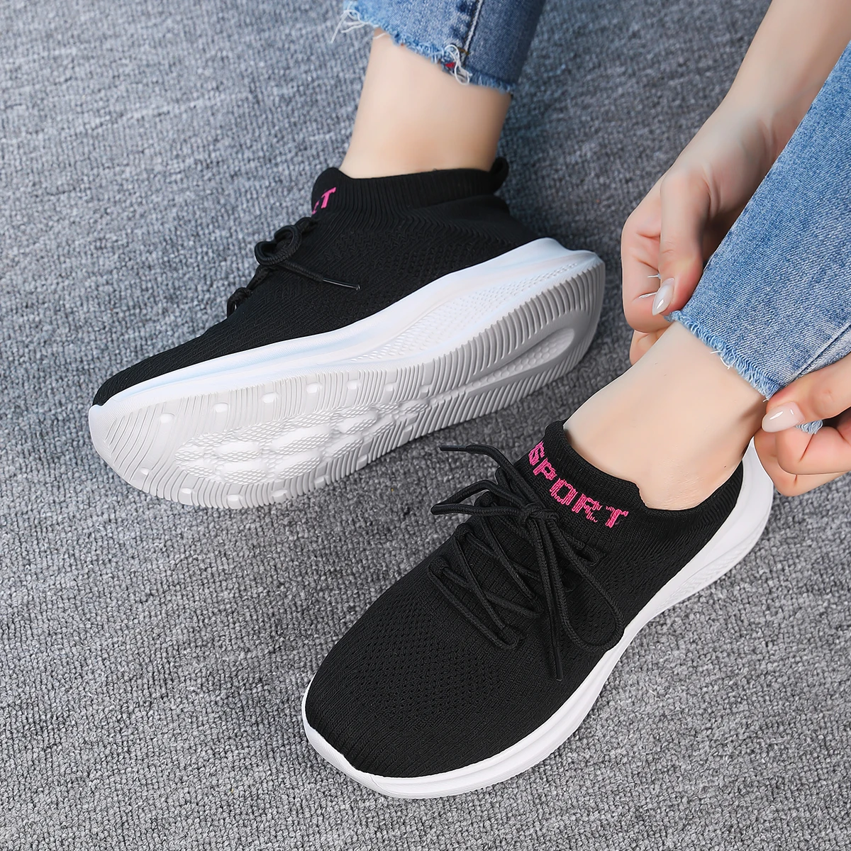 Women Knitted Sock Dance Shoes Breathable Mesh Lace-up Modern Jazz Square Dance Sneakers Soft Sole Women Dancing Footwear W0069
