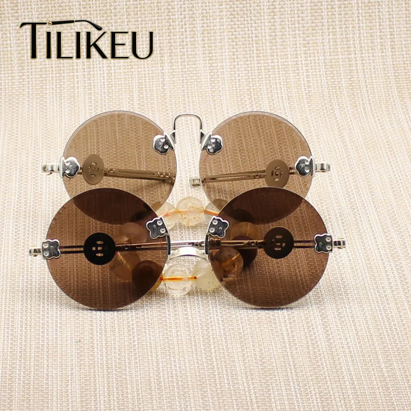 

2026 Fashion Crystal Glass Sunglasses Men's Retro Round Frameless Eyewear Personalized Temple Design Rimless Sunglasses UV400
