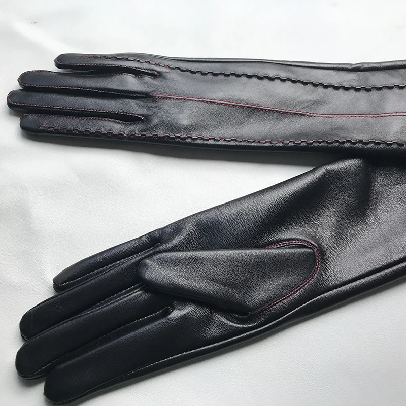 Winter Women's Long Gloves Embroidered Sheepskin Gloves Warm Elbow Customize Black Thin lining Velvet Driving Gloves