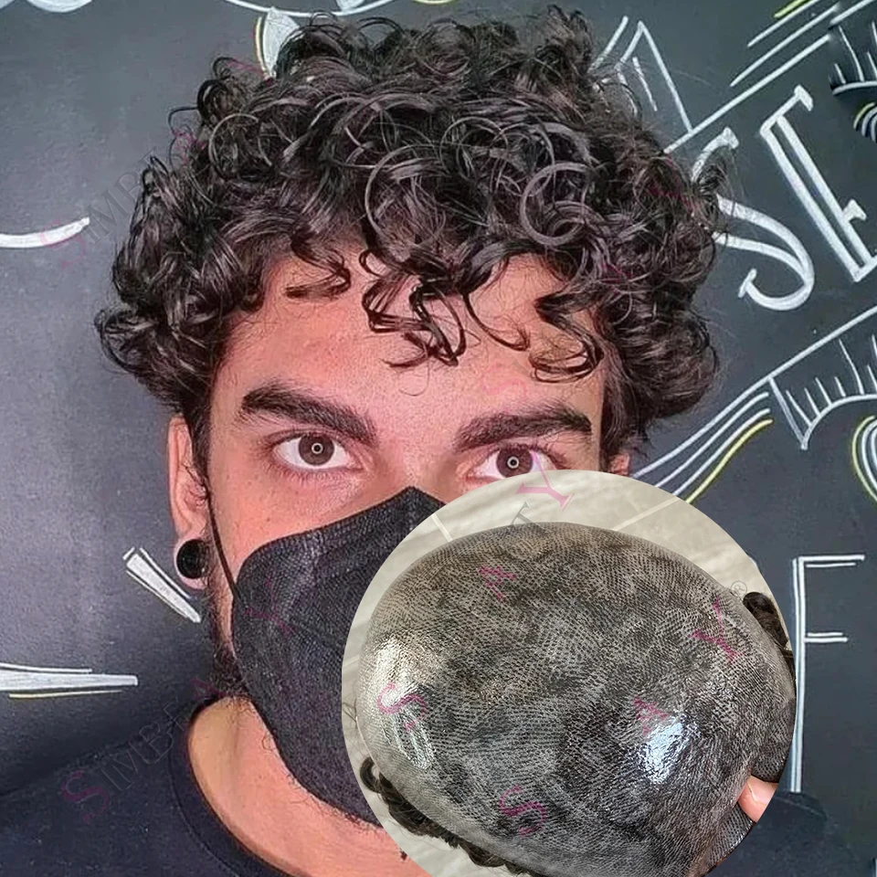 

25 мм вьющиеся супер прочные тонкие раковины полностью полиуретановые мужские парики из натуральной линии роста волос # 1b Система протеза человеческих волос черного, коричневого, серого цвета