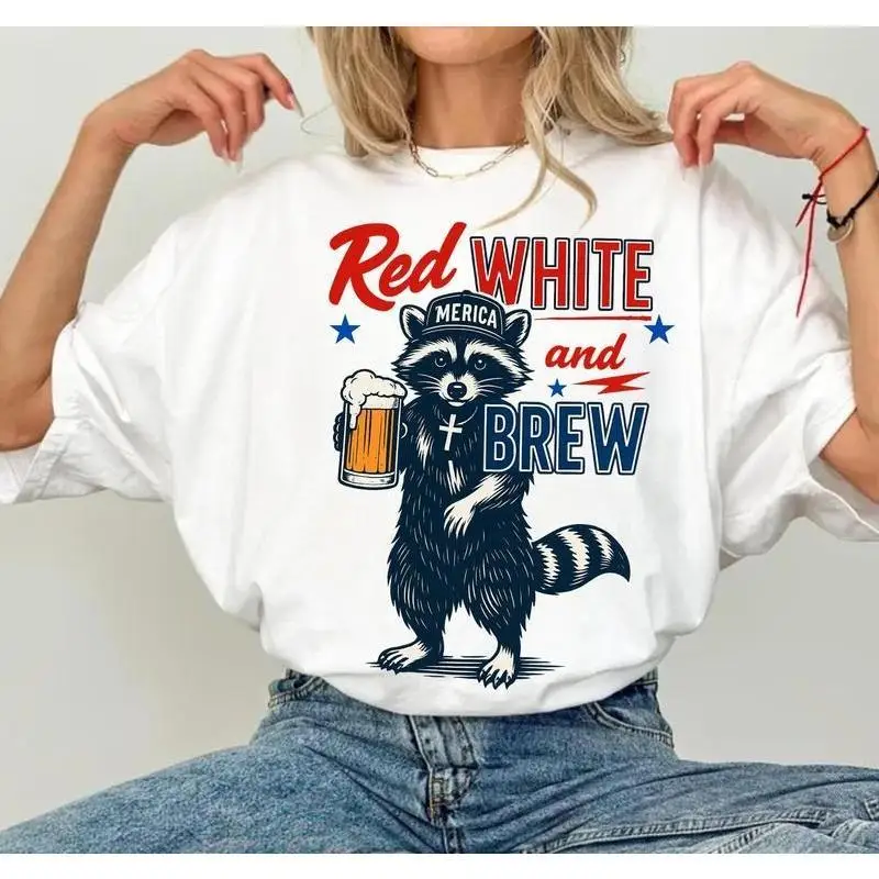 

Red White and Brew Raccoon T-shirt, Women's Funny 4th of July Patriotic Graphic Tee, American Beer Party Summer Top