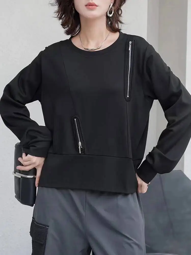 

Черно-белая повседневная толстовка на молнии, новая женская толстовка с круглым вырезом и длинным рукавом, большой размер, модная весна-осень