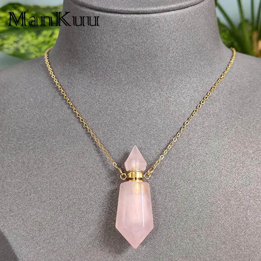 Mankuu Charm Chain Hexagonal Natural Rose Quartz Crystal Perfume Bottle Pendants Necklace Stainless Steel Jewelry Gift For Women