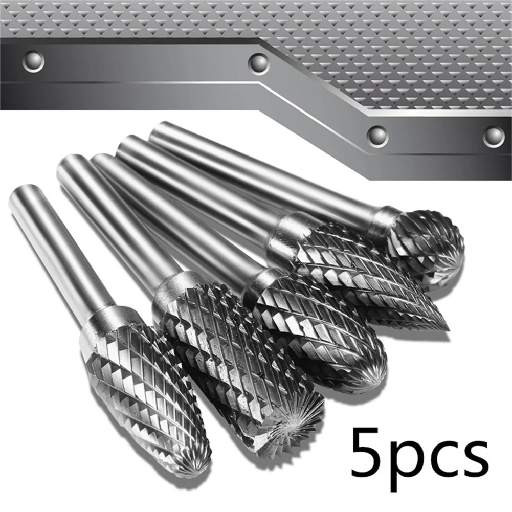 5pcs Double Groove Rotary File Carbide Rotary Files Set Grinding Head Tungsten Carbide Burr Milling Cutter Drill Bit Set