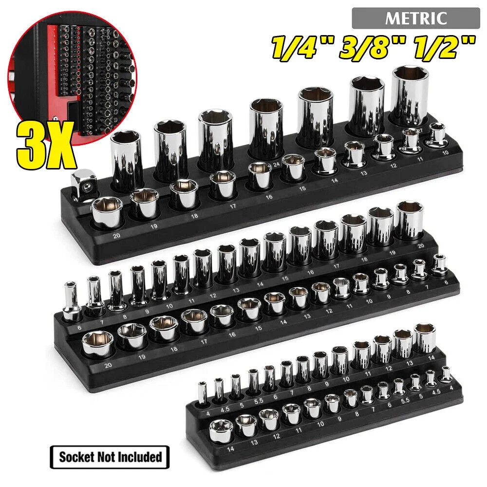 

Magnetic Socket Organizer Set, 3-Piece Socket Holder Set Includes 1/4"3/8"&1/2" Drive Metric & SAE Socket Trays Blue Color