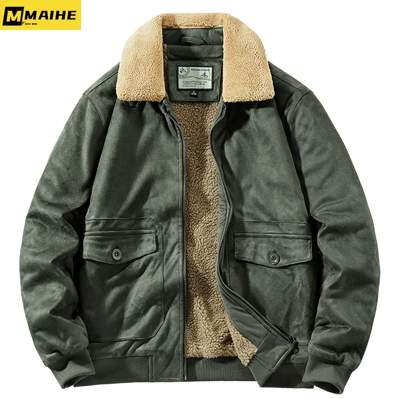 2023 New Men\'s Winter Jacket Lapel Work Buckskin Wool Thermal Cargo Jacket Casual Men\'s Green Vintage Army Green Hunting Co