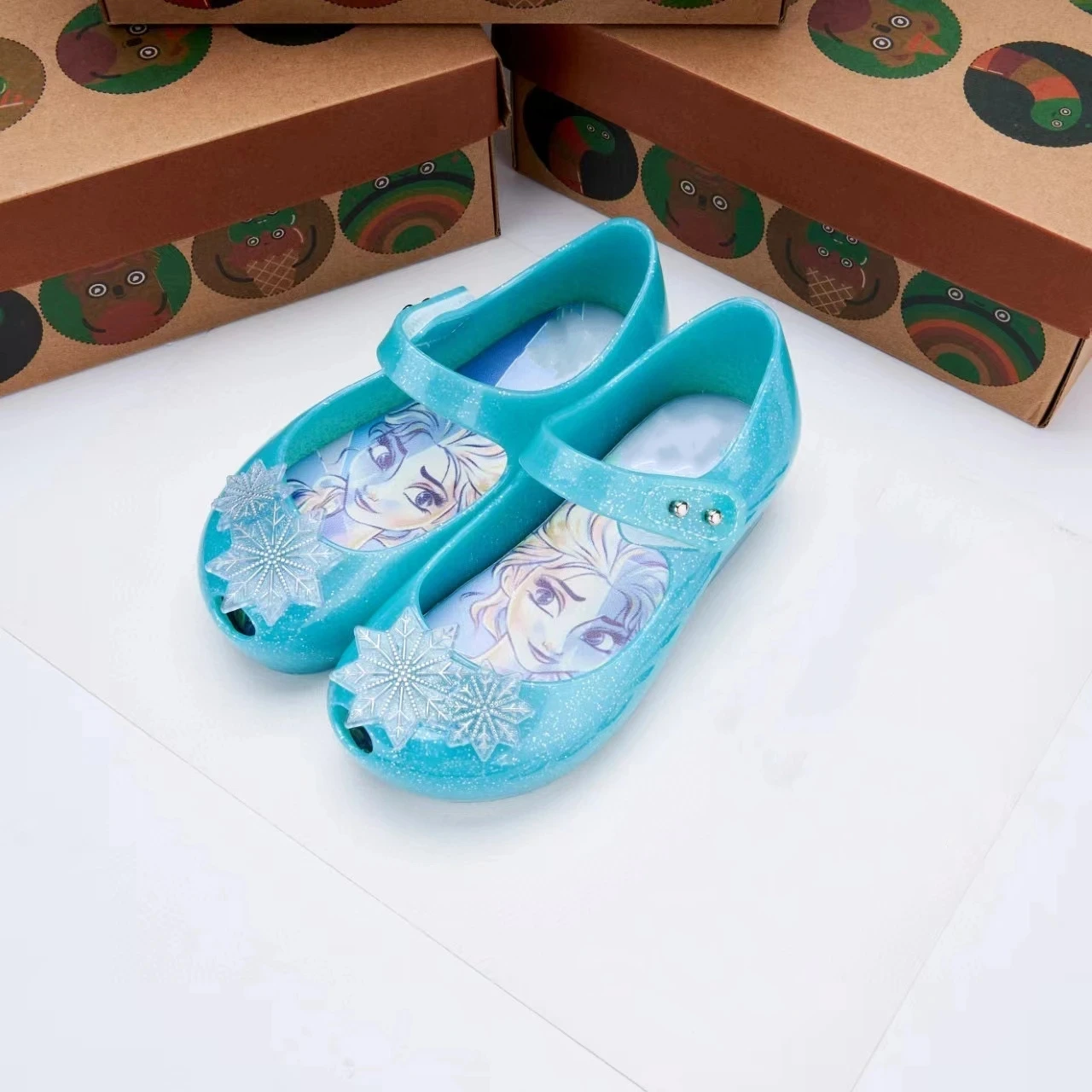 Mini Melissa Girl Jelly Sandals Kids Shining Cartoon Flat Shoes Kids Princess Soft Sole Non-slip Beach Shoes Toddlers Shoes