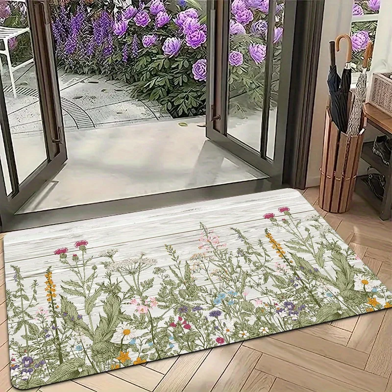 1 Pack Doormat, Grass Plant Floral Print Pattern Floor Mat, Polyester Non-slip Floor Mat for Living Room, Laundry Room, Bathroom