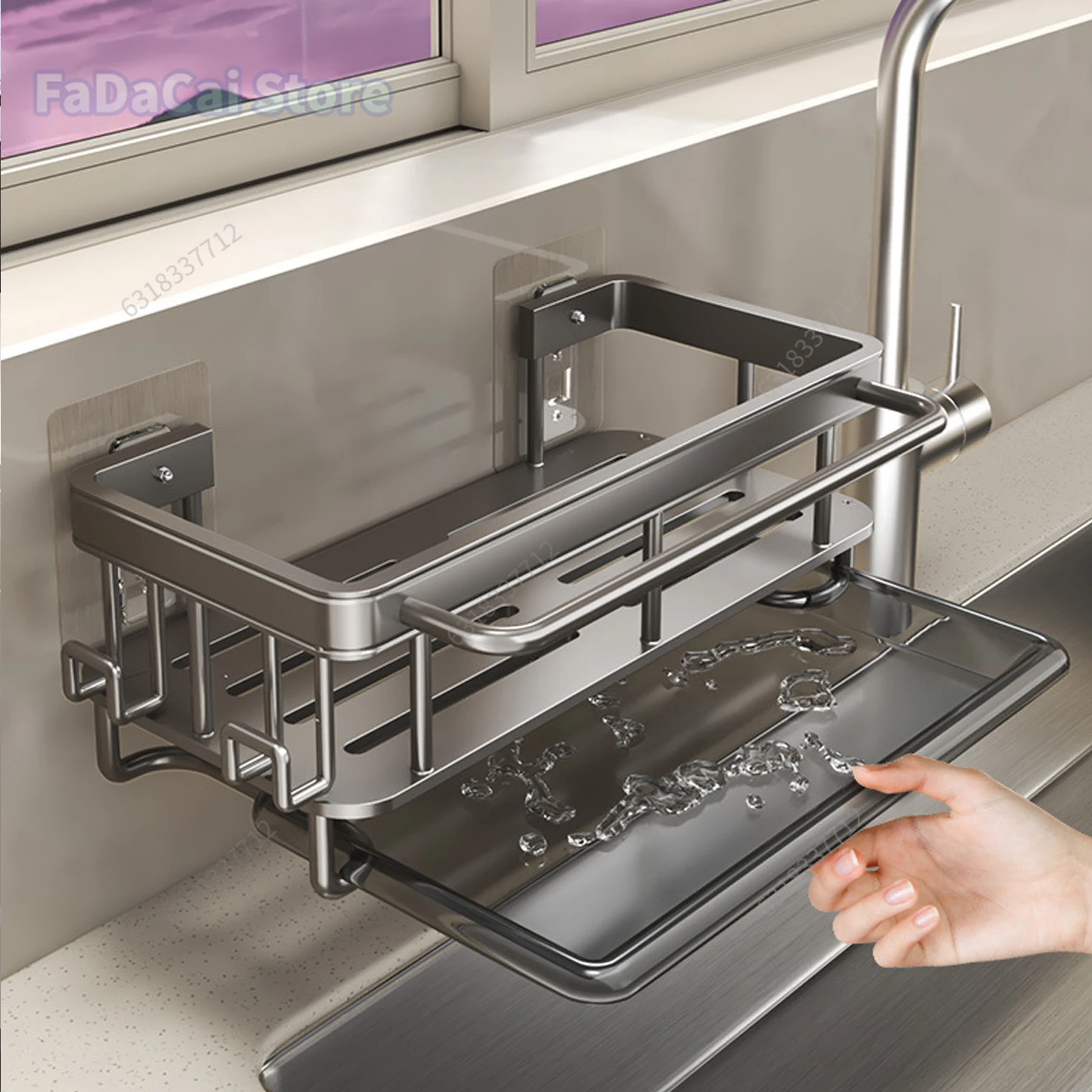 Égouttoir d'évier de cuisine avec plateau, étagère d'évier en aluminium, porte-éponge à savon, porte-serviettes, panier filtrant