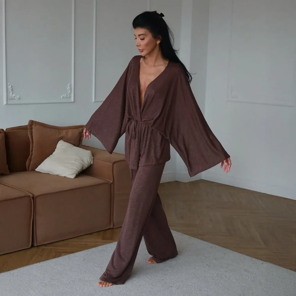 Faul Stil Modal Pyjama Anzug Herbst und Winter Frauen Einfache Feste Lose Weiche Warme Casual Lace Up Strickjacke Breite Bein Hosen 2 stücke