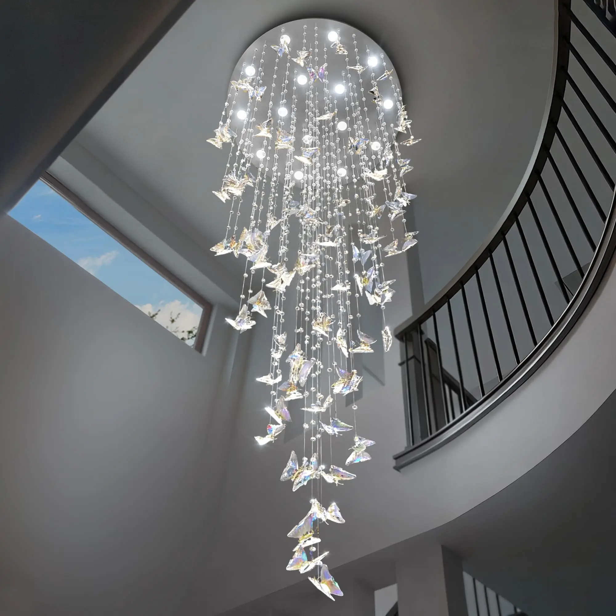 Hotel Lobby Attic Butterfly Crystal Multi-Head Long Chandelier K9 Crystal Staircase Pendant Light Living Room Decor Lighting