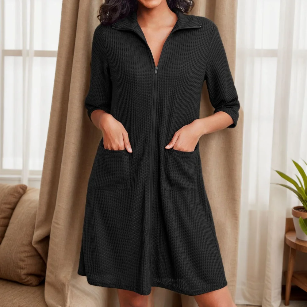 Women's Home Clothes Sleeping Skirt With Pocket Loose Waffle Zipper Seven Sleeve Short Robe Comfortable Casual