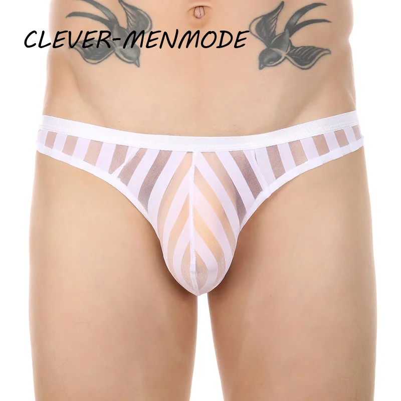 CLEVER-MENMODE Sexy Men\'s Underwear Transparent See Through Striped Thong Breathable Mesh Bikini U Convex Bulge Pouch Panties