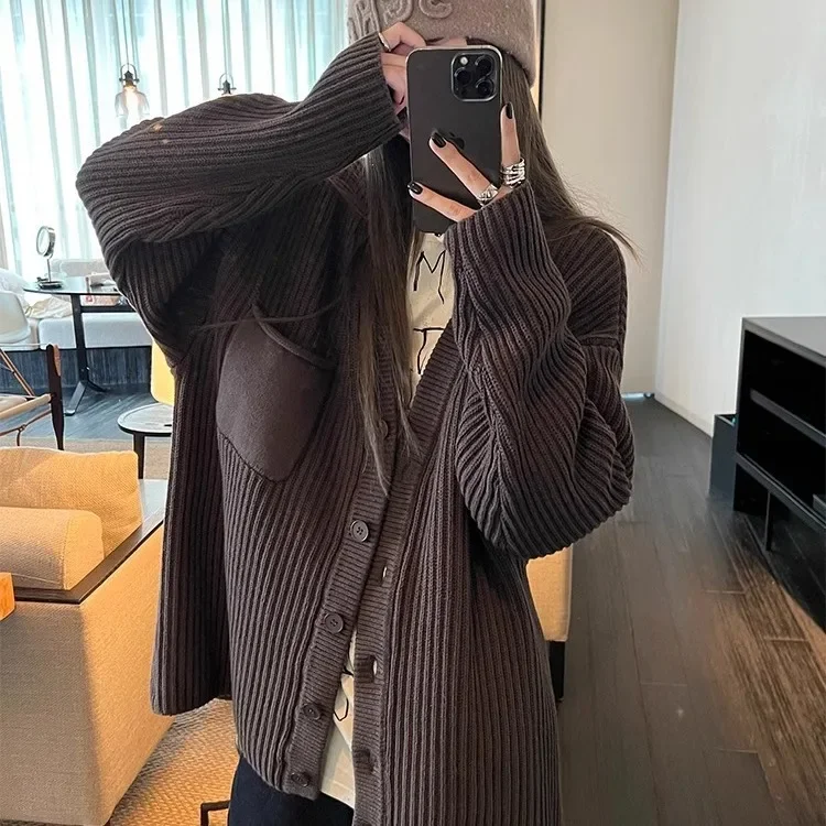 

Trendy Chocolate Mermaid Lazy Fashion Sweater Coat Women Thickened Loose Knitted Open Cardigan Autumn Winter V-neck Full Sleeve