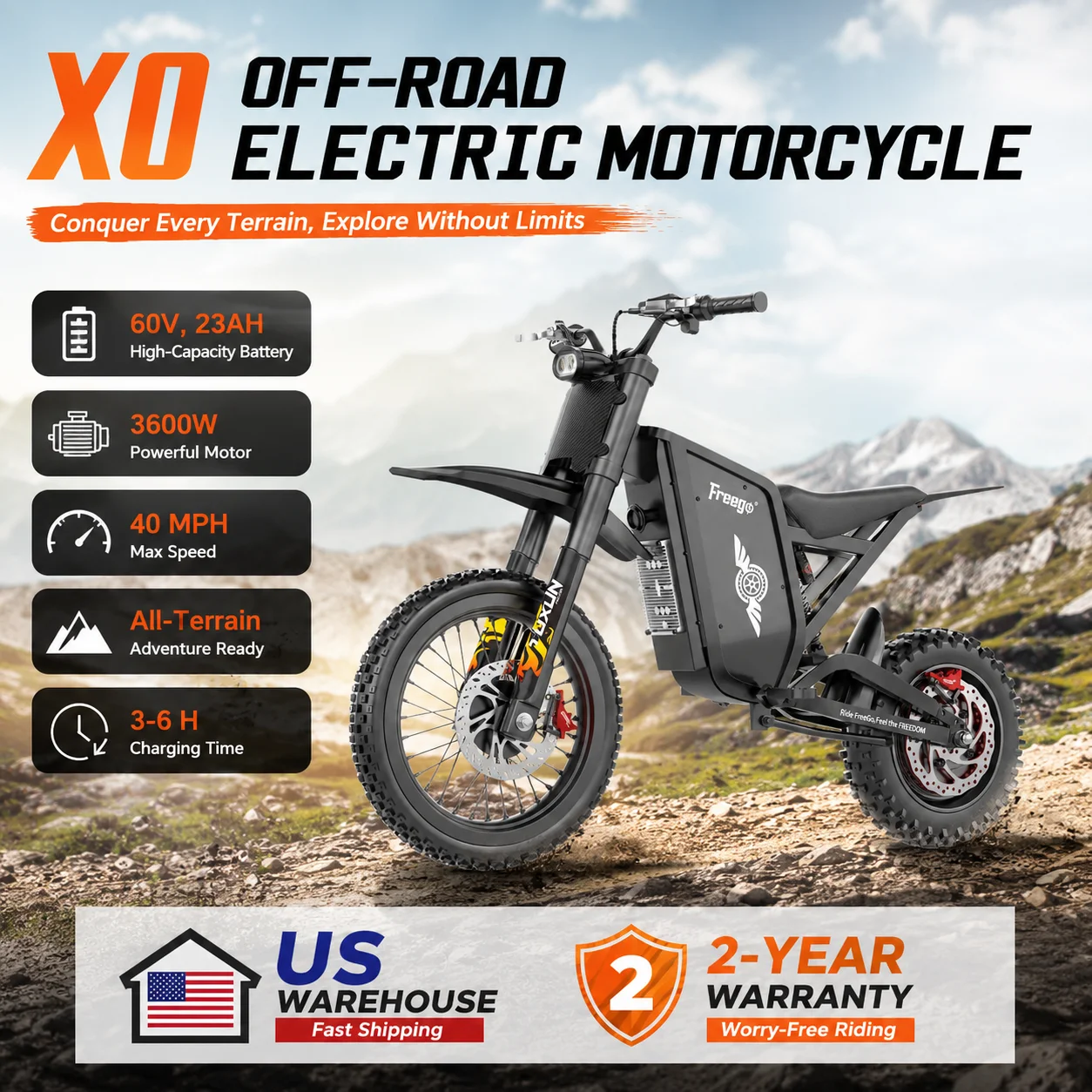 

Freego X0 3600W Electric Dirt Bike Motor 60V23Ah Battery MAX 40MPH Electric-Motorcycle All-Terrain Off-Road E Bicycle