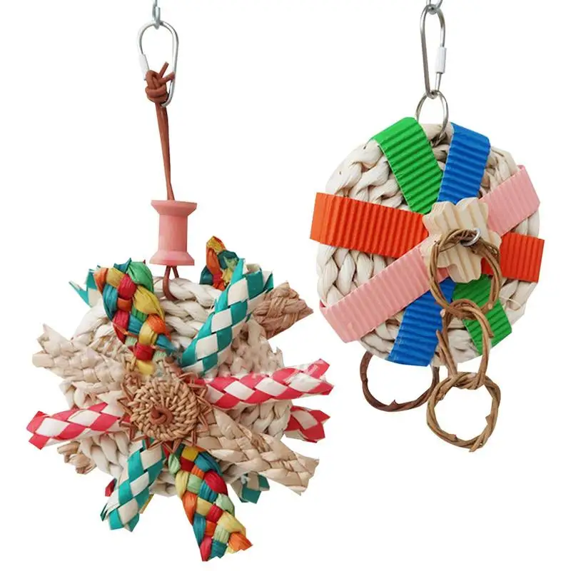 

Parrot Chew Toys Cockatiel Toy Bird Chew Toys With Metal Hook Colorful Foraging Toys For Parakeets Straw Shredding Toys Garden