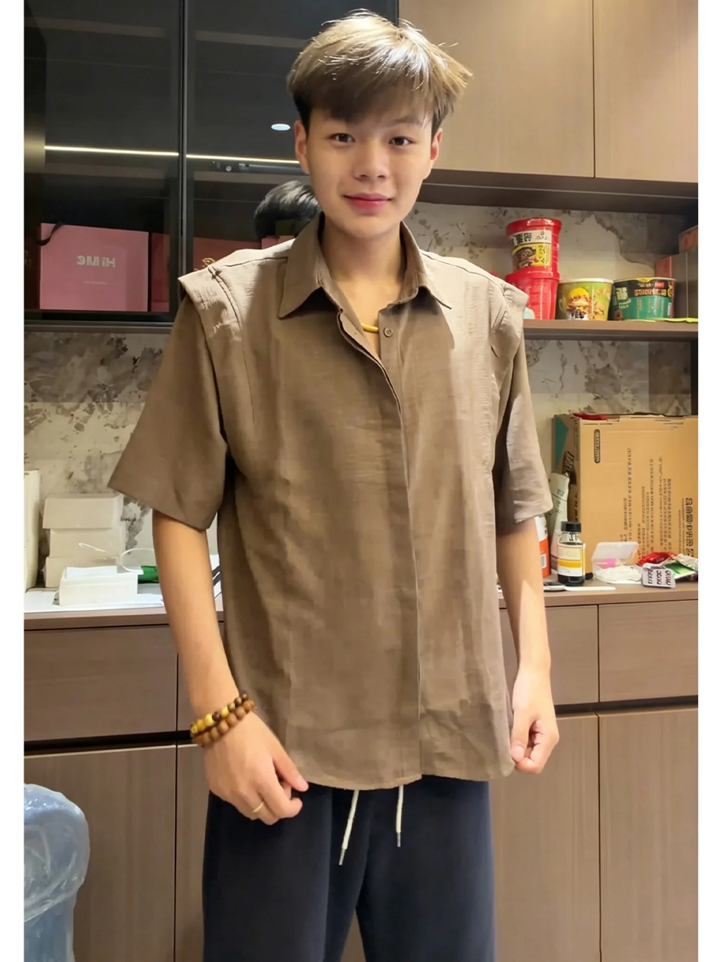 Lightweight Breathable Summer Short Sleeve Shirt Men's Style Brown Old Money Look Deconstructed  Collar Slim Fit Outerwear