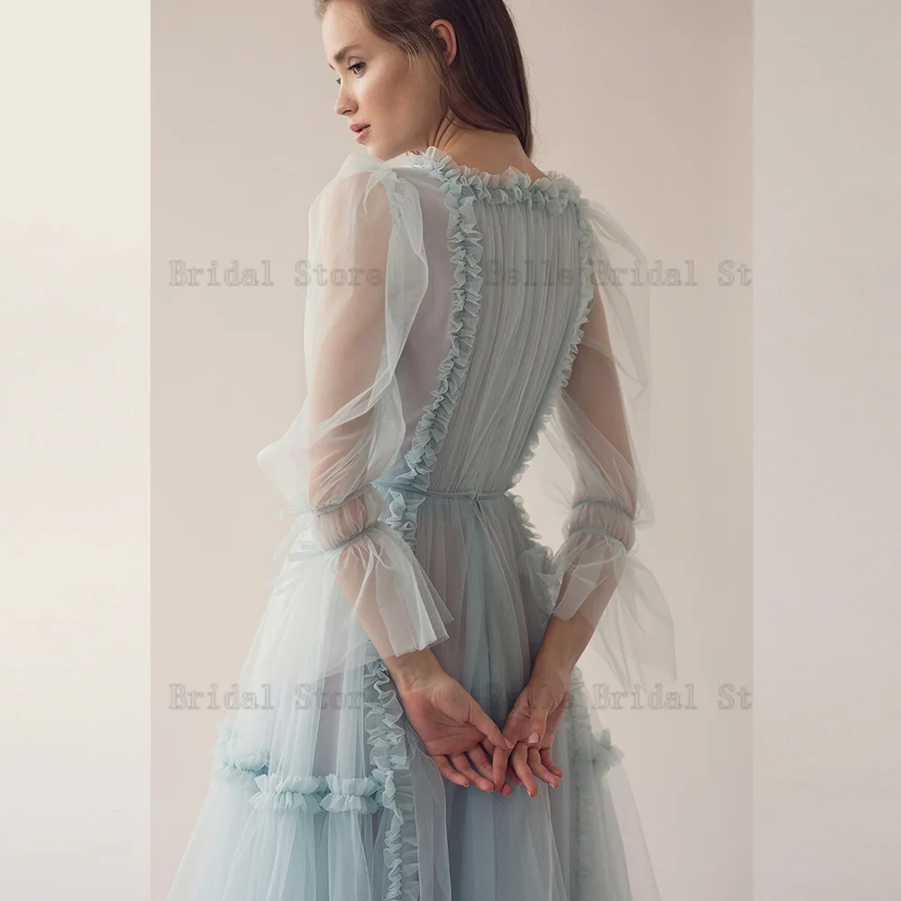 Personalizado simples céu azul vestidos de casamento jóia pescoço mangas compridas vestidos de casamento vestido de noiva tule zíper vestidos de novia