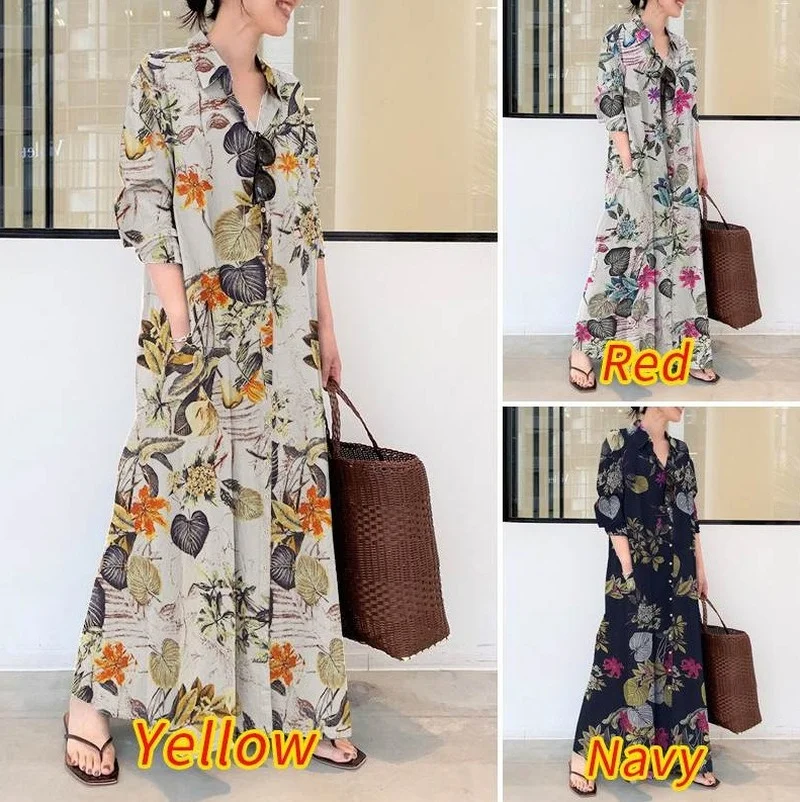 

2025 NEW Muslim Abayat Simple Loose Casual Shirt for Women Cotton Linen Lapel, Long Sleeve Pocket Women's Dress