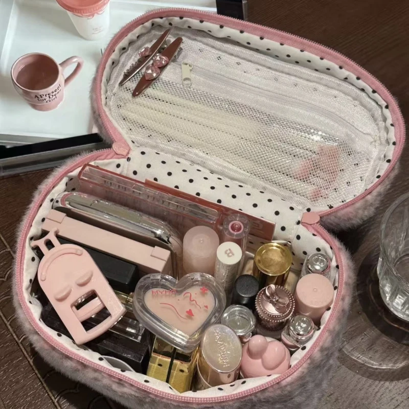 Y2k Leopard Print Makeup Bag Women Portable Handheld Plush Storage Bag Large Zippered Travel Toiletry Bag Cute Skincare Handbag