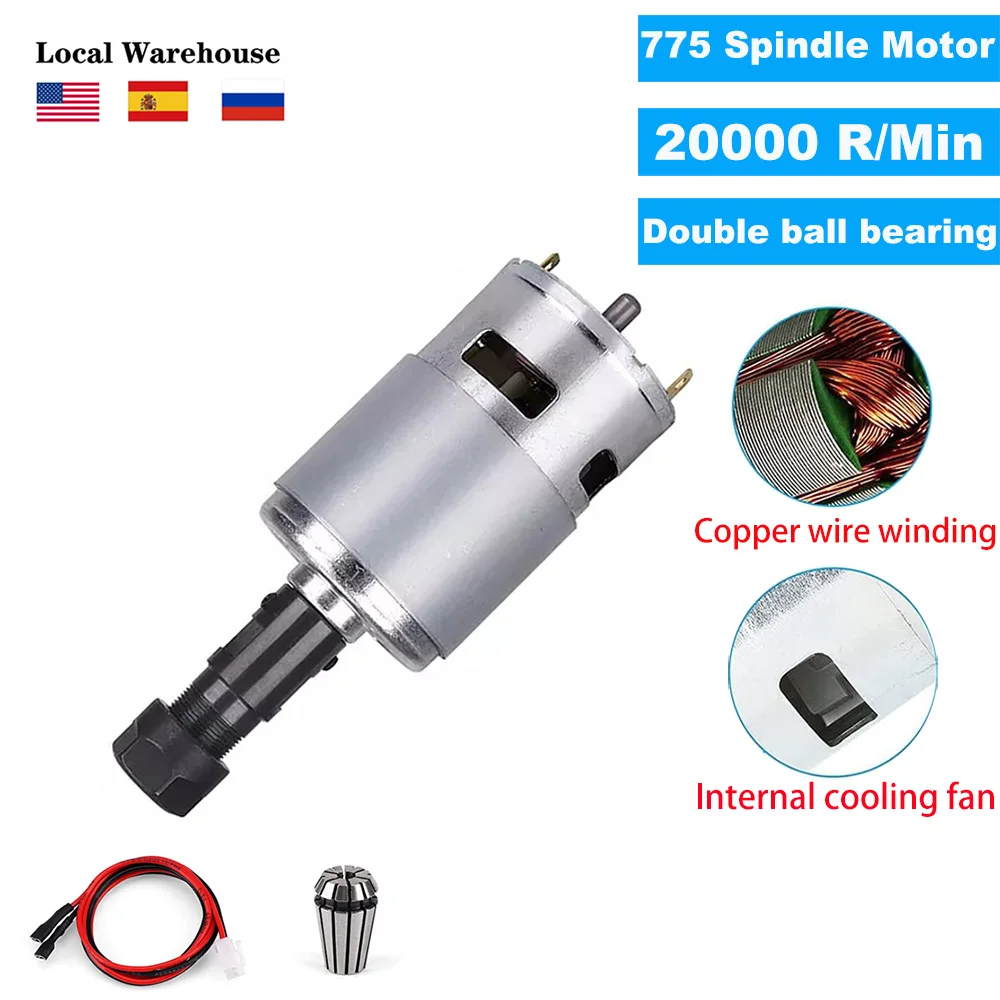 775 Spindle Motor DC 12V-24V 20000 RPM Mini Electric Motor Ball Bearing Large Torque High Power Spindle for CNC 3018 Engraver