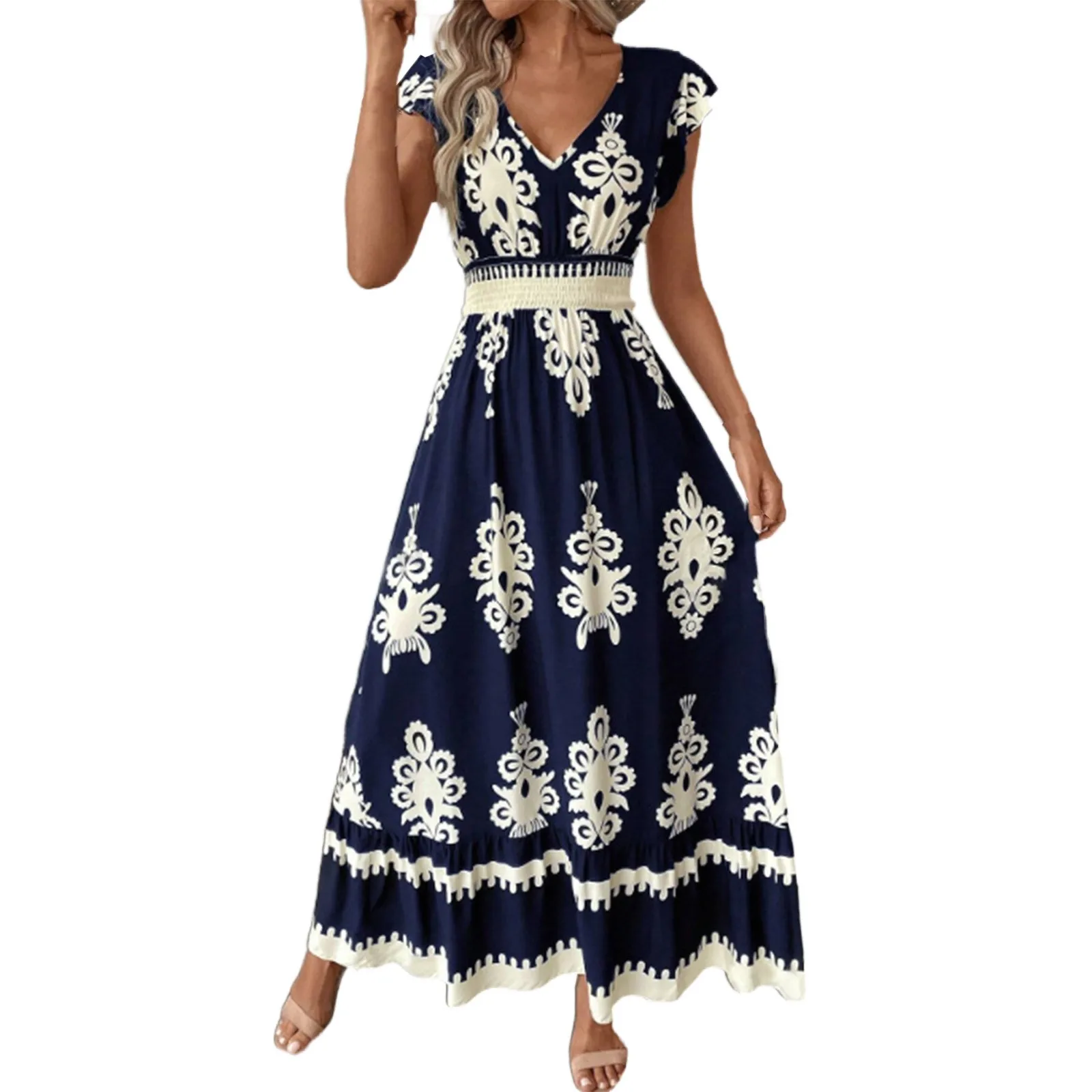 

Chic Bohemian Style Pattern Printed Summer Beach Dress Comfy Holiday Swing Long Skirt Fashion Sleeveless V-neck Dress