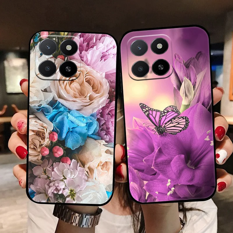 Case For Honor X5b Plus X5b+ Black Cute Flowers Soft TPU Silicone Shockproof Phone Cover For Honor Play 40c Honor X5 Capa Fundas