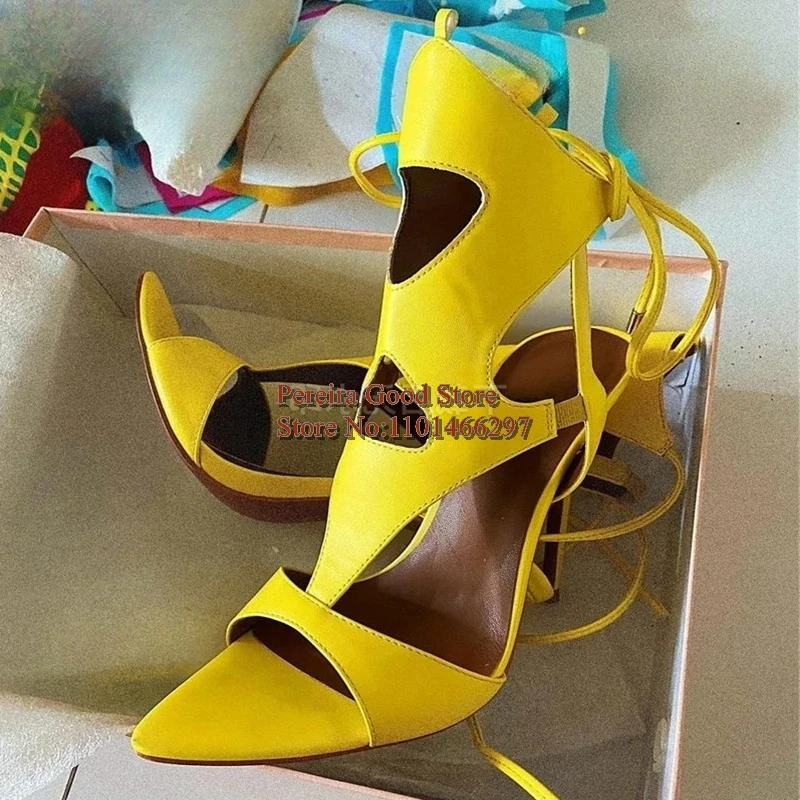 

Yellow Lace-up Pointed Toe Gladiator Sandals Women Trendy Cutout High Heels Sandals Female Cloth Party Dress Shoes