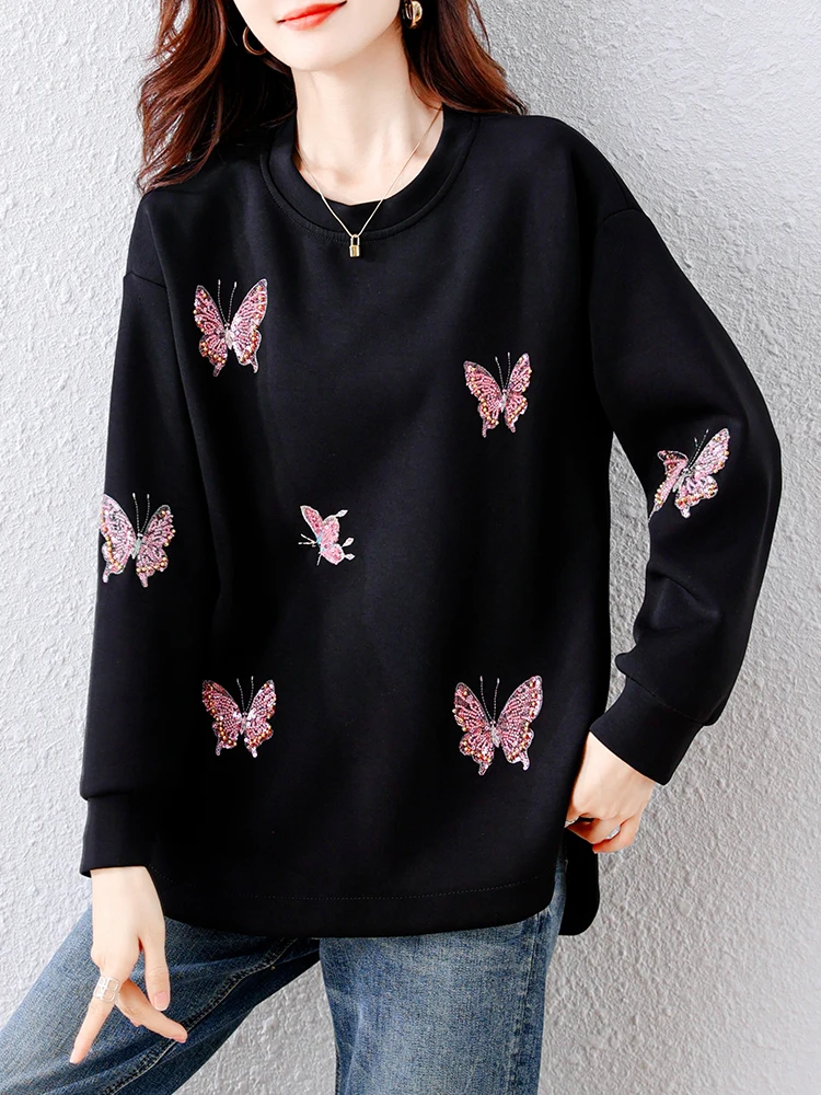 

Women Sweatshirts Beaded Long Sleeve O Neck Black Sweatshirts Female 2024 New Fall Winter Pullover Loose Casual Oversized Jumper