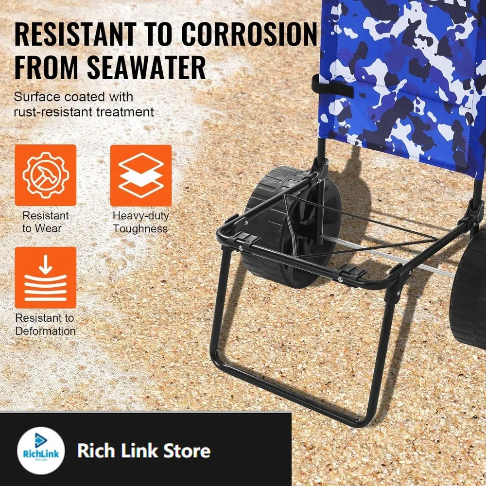 

Пляжная тележка с большими колесами для песка, грузовая палуба 15,4 x 15,7 дюйма, с твердыми колесами из полиэтилена 10 дюймов, грузоподъемность 69 фунтов, складной вагон для песка
