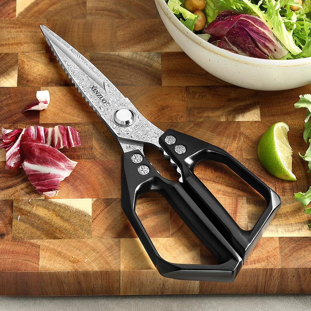 XINZUO Multifunction Kitchen Scissor 110 Layer Damascus Steel Stainless Steel Blade 58-62 HRC Black Aluminium Alloy Handle