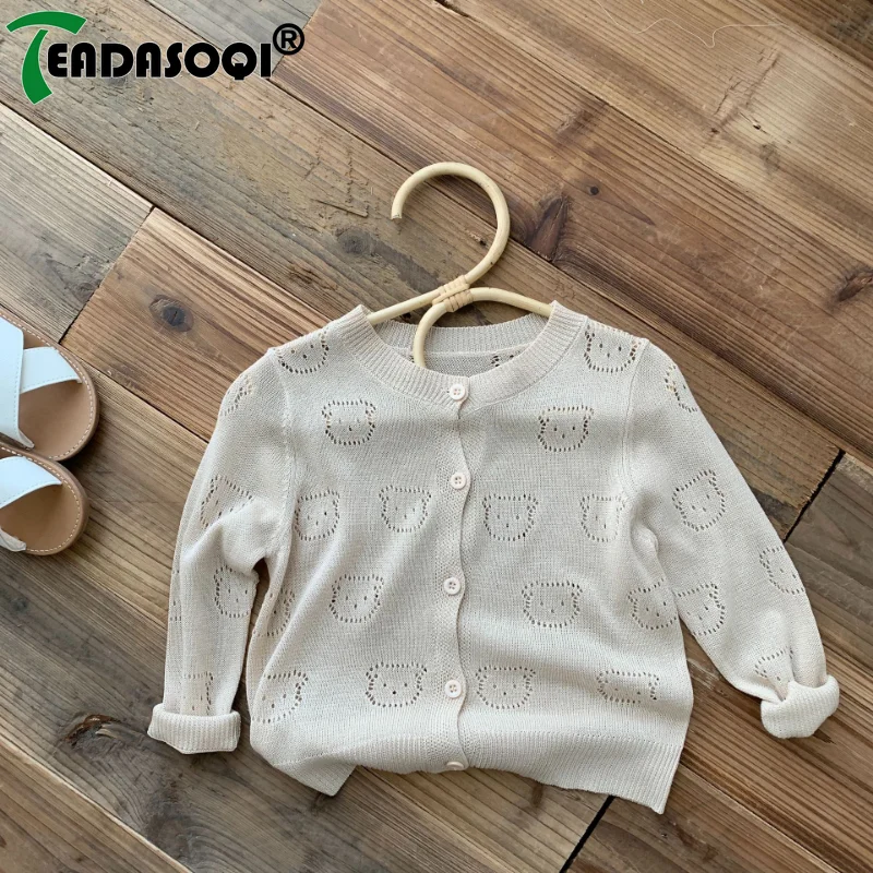 Fashion Baby Boys Girls Kids Summer Air-Conditioned Cardigan Solid Color Knitted Tops Hollow-Out Bear Sweater Coat Children 0-6Y