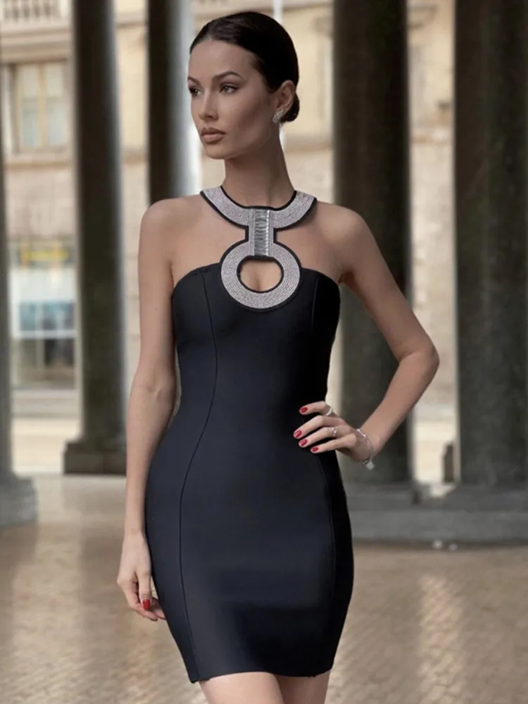 Women Fashion Sexy Designer Key Hole Mini Bandage Dress 2022 Diamonds Crystal Sparkly Celebrity Black Club Evening Party Dress