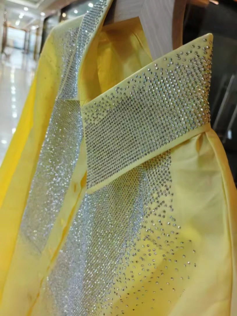 เสื้อเชิ้ตและเสื้อเบลาส์ผ้าฝ้ายสีเหลืองประดับเพชรหรูหราสำหรับผู้หญิง เสื้อแขนยาว เสื้อผ้าผู้หญิง สไตล์ Y2K