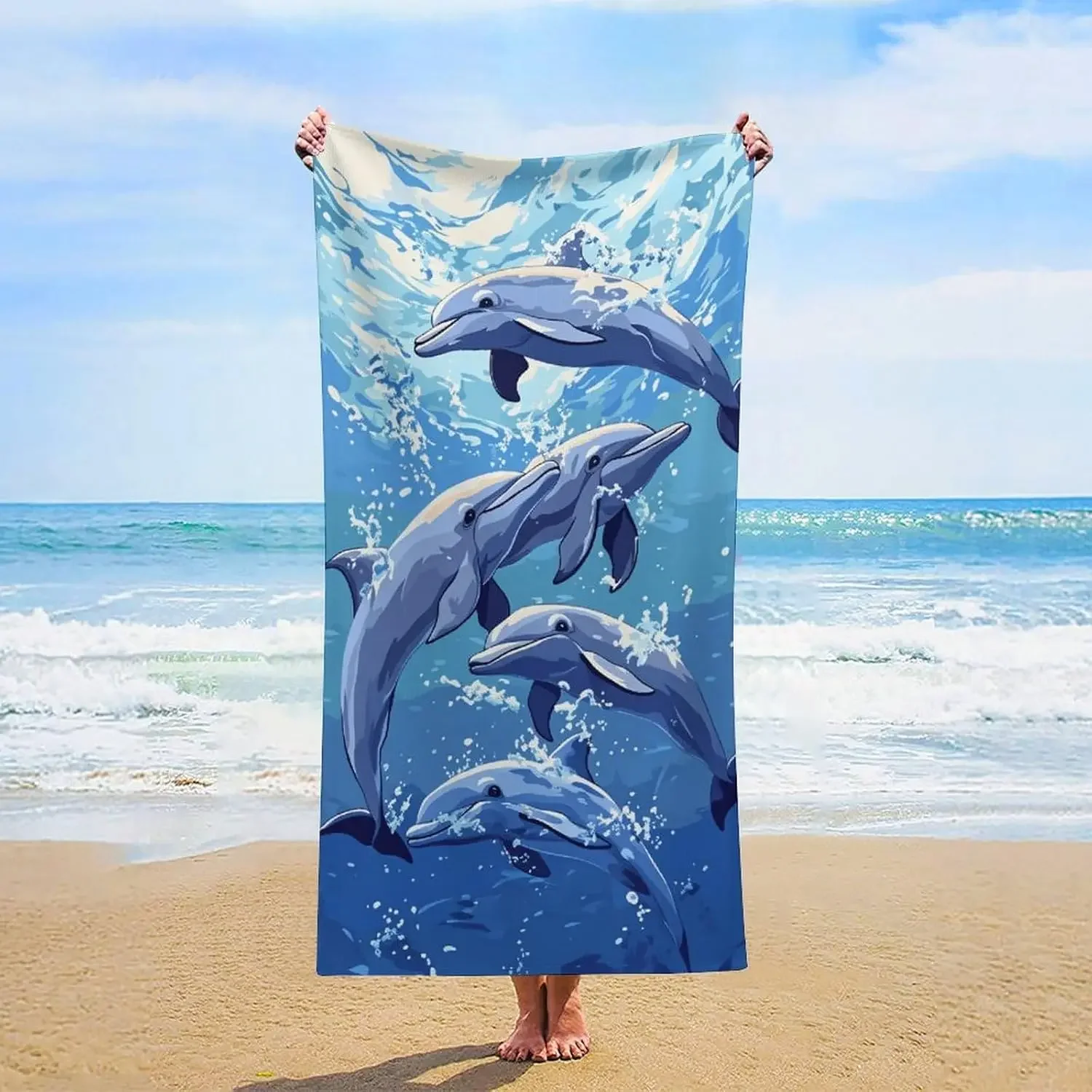 Dolphin Ocean Pattern Beach Towel Polyester Waterproof Summer Tropical Bath Wrap Pool Resort Napkin Gift Absorbent Vacation Mat