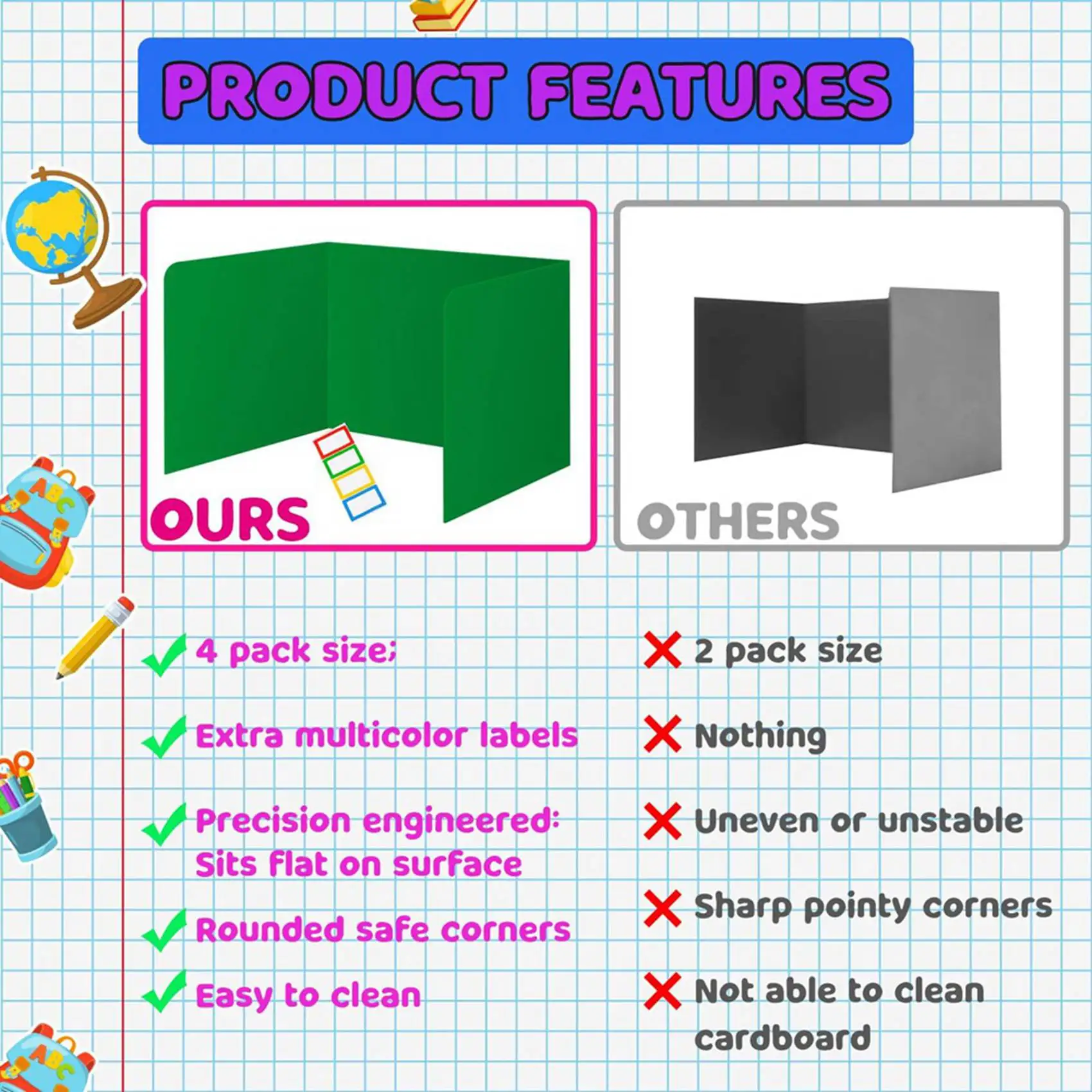 12 Pack Colorful Privacy Floders For Student Desks - Plastic Erasable - Testing Dividers For Classroom - Easy Clean