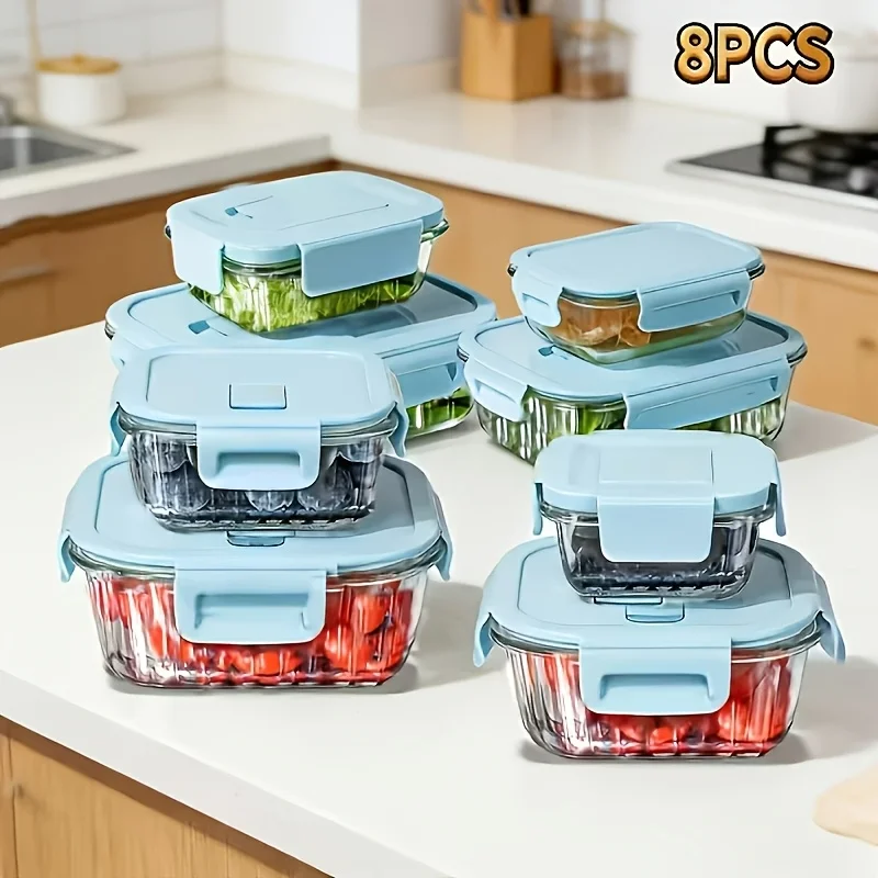 

8pcs Borosilicate Glass Food Storage Containers with Lids, Light Blue/Green, with Stripes Meal Prep Containers, Airtight Bento B